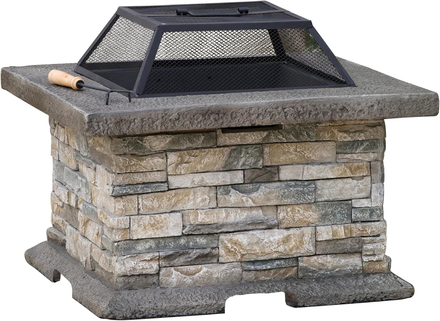 LifeSky Outdoor Stone Fire Pit - Modern Square Fire Pit with Spark Screen & Poker Tool for Backyard & Patio - Durable Engineered Stone & Iron Design for Outdoor Gatherings & Relaxation