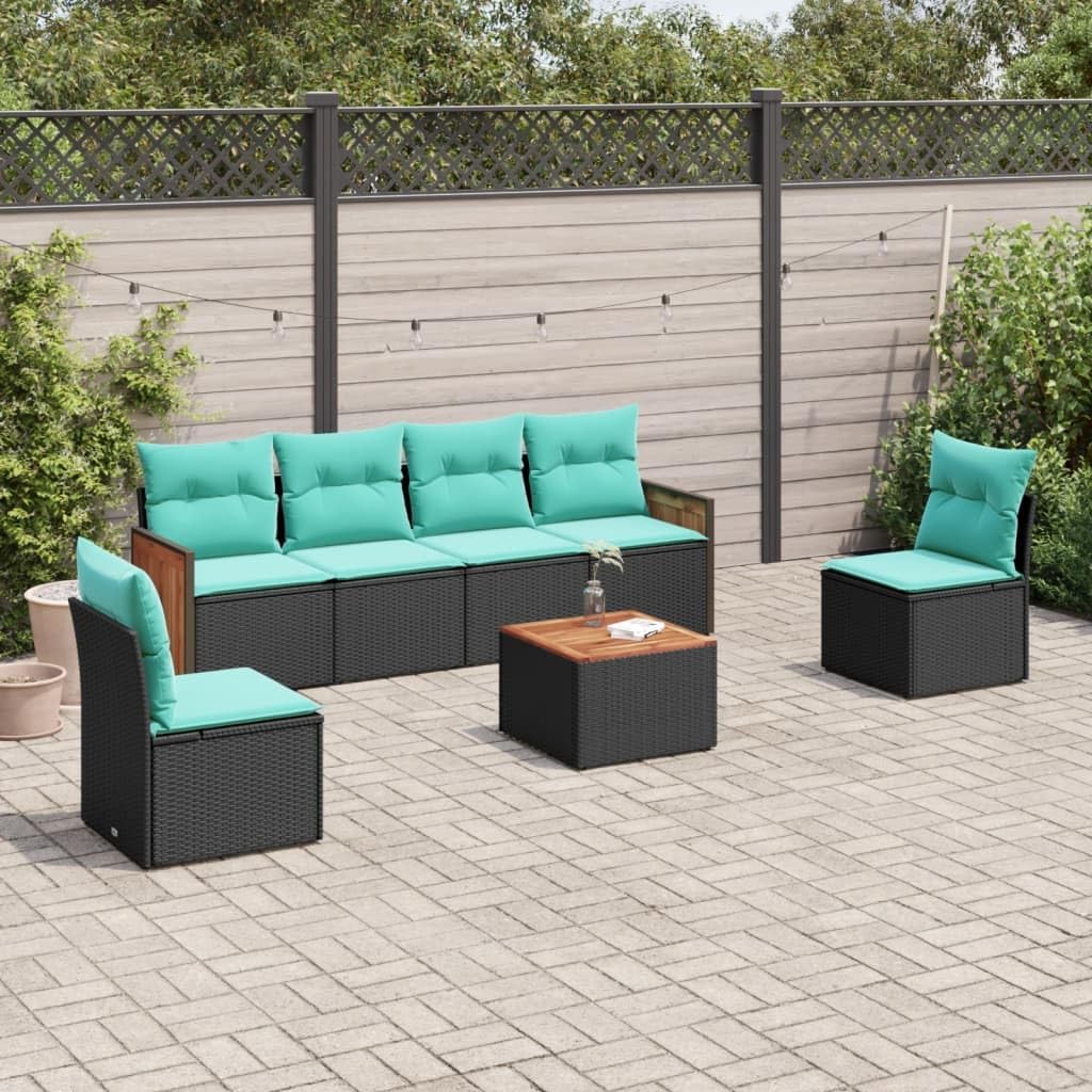7 Piece Patio Sofa Set with Cushions, Black Poly Rattan Outdoor Furniture, Modular Design with Storage, Acacia Wood Tabletop, UV-Proof