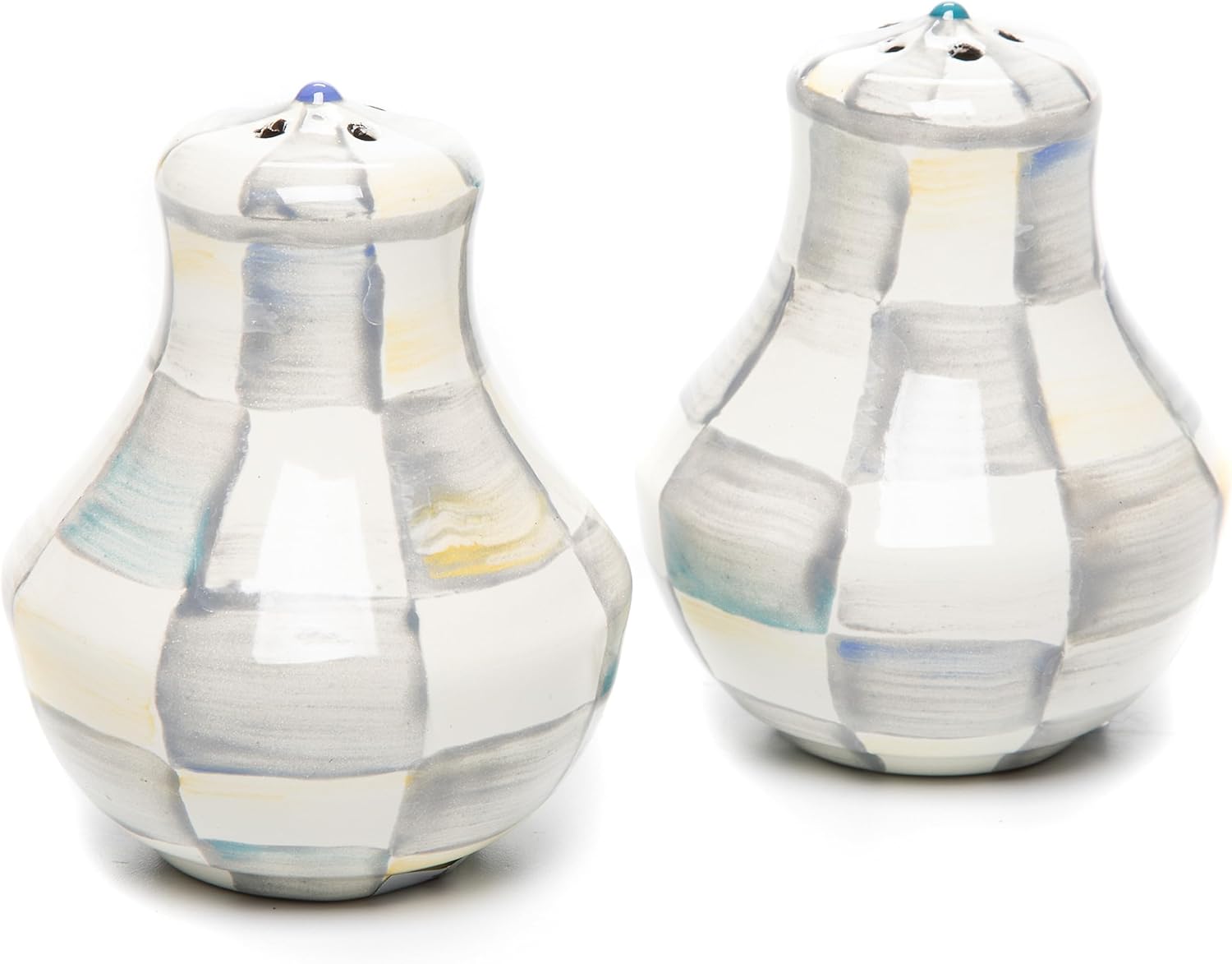 MACKENZIE-CHILDS Enamel Salt and Pepper Shakers, Farmhouse Kitchen Decor and Accessories, Small, Gray-and-White Sterling Check