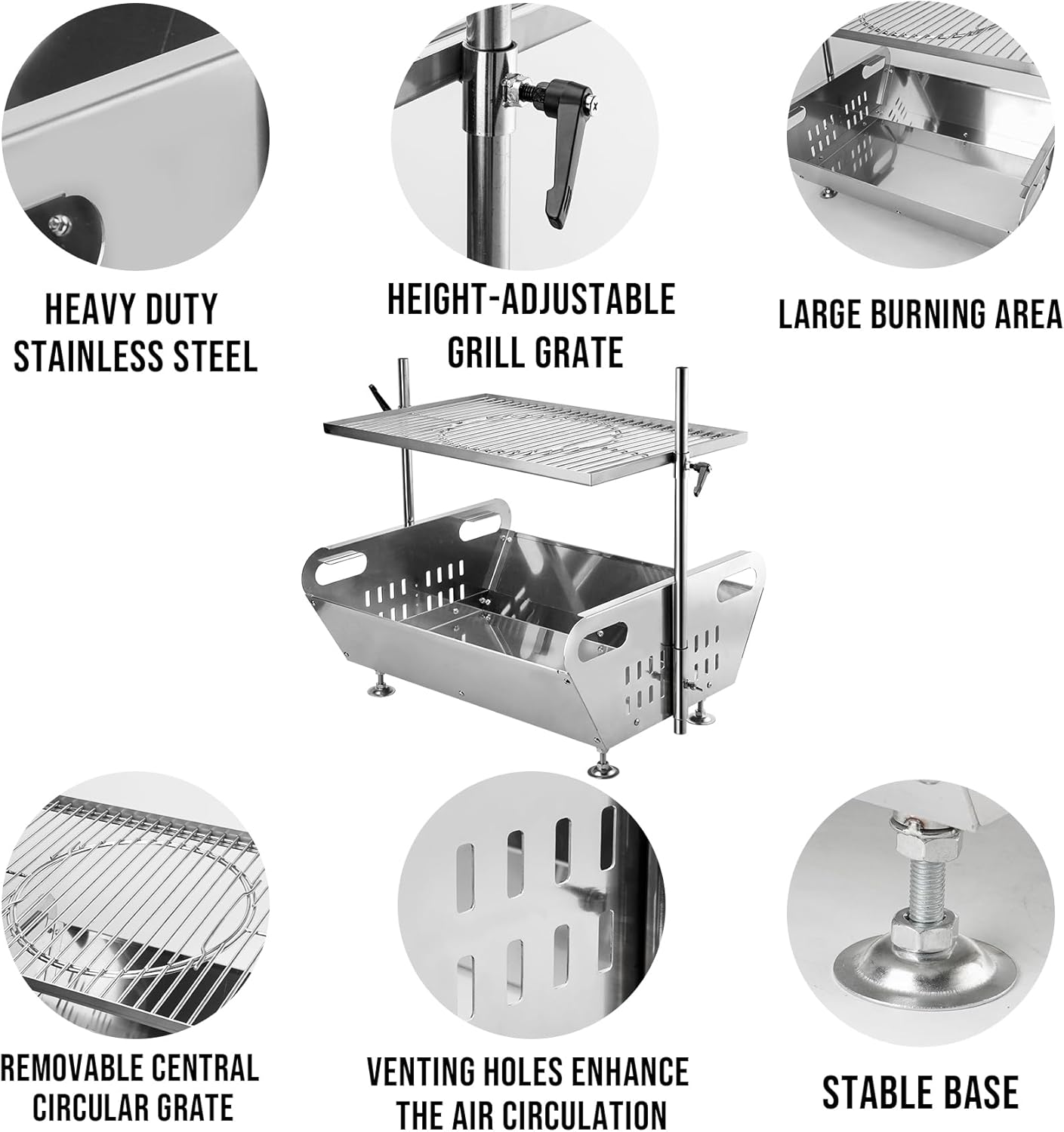 Skyflame Outdoor Fire Pit Grill Combo - Stainless Steel Wood Burning Fire Pit with Height Adjustable Cooking Grate Camping Grill Kit for Backyard Patio Hiking Backpacking Picnic Travel Tailgating