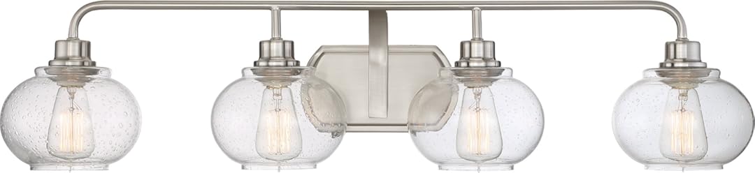 Quoizel Trilogy Vanity Lights, 36.25 Inch 4-Light Brushed Nickel Bathroom Lighting Fixtures Over Mirror, 100W, Clear Seeded Glass, Vintage Transitional Wall Mount Light for Bathrooms, Dresser or Sink