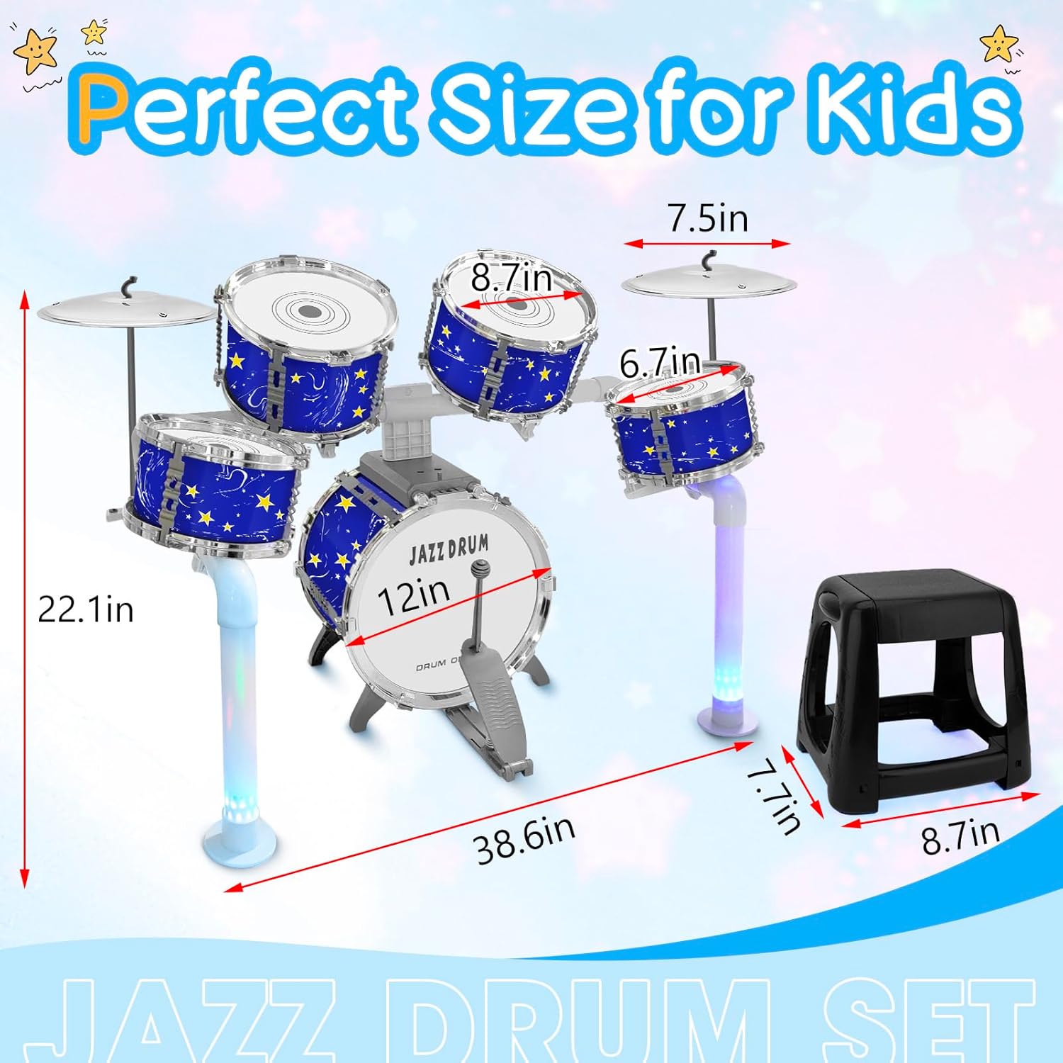 Upgraded Kids Drum Set Jazz Drums Kit with 5 Drums - Toddler Music Toys Learning Instruments Xmas Birthday Gifts for Toddlers 3 4 5 6 7 Boys Girls, Blue