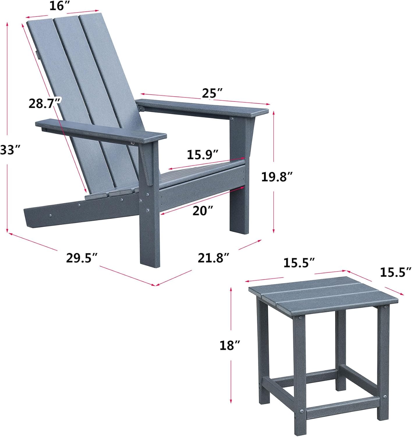 3-Piece Adirondack Chairs Set of 2 and Patio Table,Plastic Patio Firepit Chair with Cup Holder& High Backrest, Adirondack Chair for Outdoor, Patio, Garden, Beach(Grey-3)