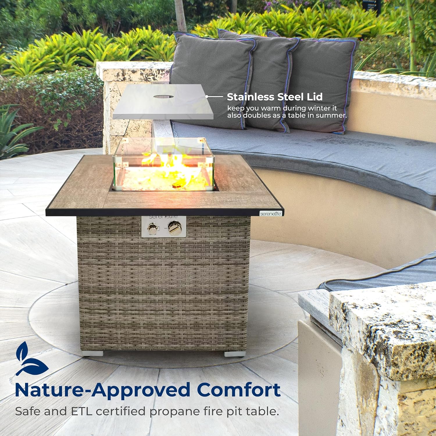 SereneLife Tabletop Propane Firepit, 30” Square Base Fire Table with Tile Tabletop & Clear Glass Rocks, 50,000 BTU, Stainless Steel Burner, Tempered Glass Wind Guard, Weather Resistant, 30”x30”x24”