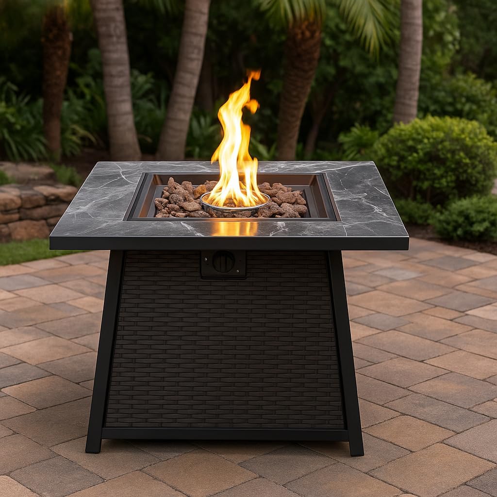 Propane Gas Outdoor Fire Pits Table with Tile Tabletop and Lava Rock, 35 Inch Square 50,000 BTU Auto-Ignition Wicker Base Fire Pit Table for Patio Garden Deck Backyard Poolside