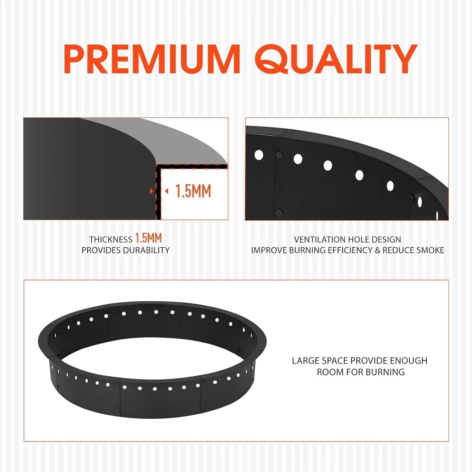 48 Inch Smokeless Fire Pit, Made of Carbon Steel, Outdoor Round Garden Fire Pit with Ventilation Holes, DIY Campfire Ring, Suitable for Burning Firewood