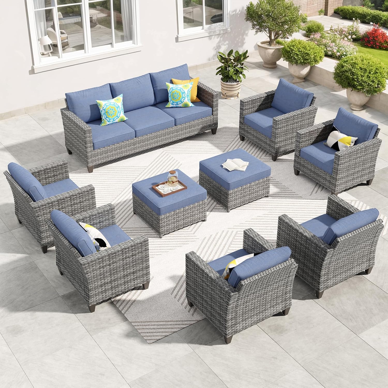 ovios Patio Furniture Set, 9 Pieces Outdoor Wicker Sofa Couch with 6 Chairs, Ottomans and Comfy Cushions, All Weather High Back Rattan Conversation Set, Denim Blue