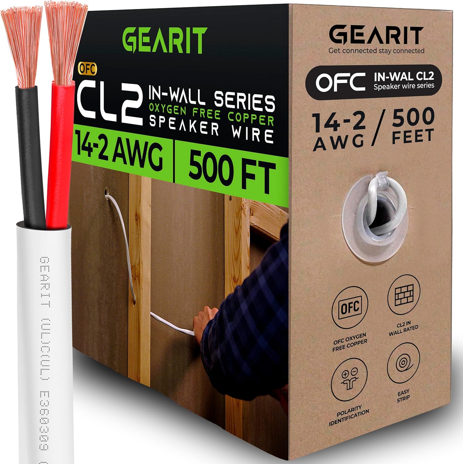 GearIT 14/2 Speaker Wire (500 Feet) 14AWG Gauge - in Wall Audio Speaker Wire Cable / CL2 Rated / 2 Conductors - OFC Oxygen-Free Copper, White 500ft