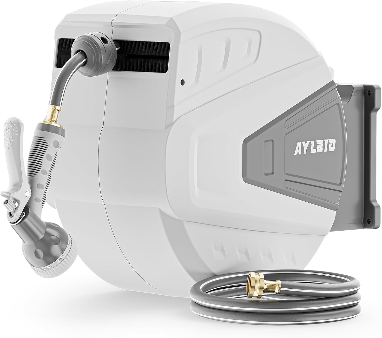 Ayleid Retractable Garden Hose Reel,5/8 in x 100 FT Wall Mounted Hose Reel, with 9- Function Sprayer Nozzle, Any Length Lock/Slow Return System/Wall Mounted/180°Swivel Bracket (Grey)