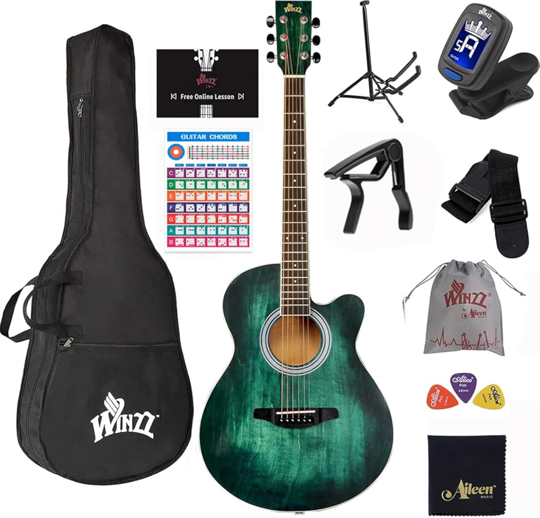 WINZZ HAND RUBBED Series - 40 Inches Cutaway Acoustic Acustica Guitar Beginner Starter Bundle with Online Lessons, Padded Bag, Stand, Tuner, Capo, Guitar Chords, Strap, Picks, Dark Hunter Green