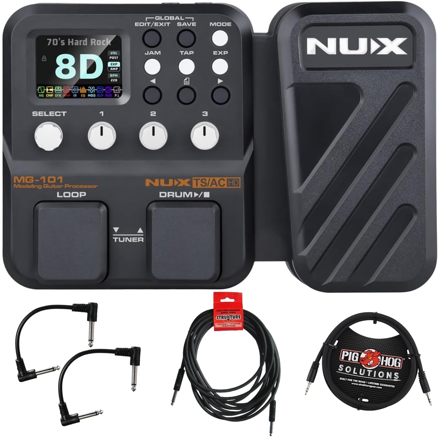 NUX MG-101 Amp Modeler and Guitar Effects Processor - Bundle with 2 Patch Cables, Instrument Cable and Aux Cable