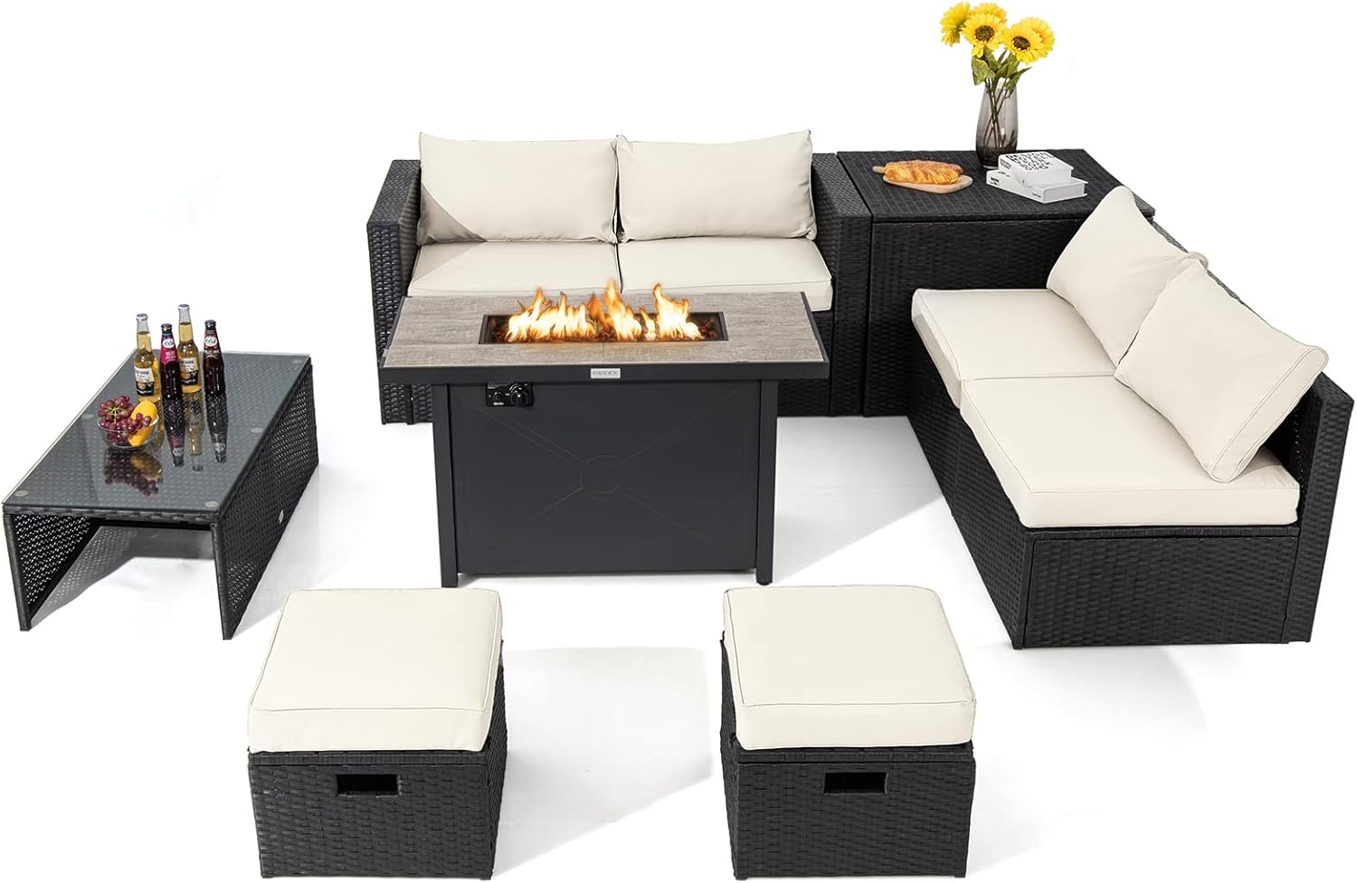 Tangkula 9 Pieces Outdoor Wicker Sectional Sofa with 42” 60,000 BTU Gas Fire Pit Table, Space-Saving Patio Conversation Set with Storage Box, Propane Fire Table, Waterproof Cover Included (Off White)