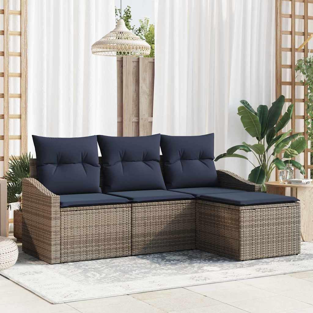 Grey 4-Piece Poly Rattan Sofa Set, UV-Resistant Outdoor Patio Furniture with Storage, Adjustable Table, Cushions, Lightweight Garden Seating