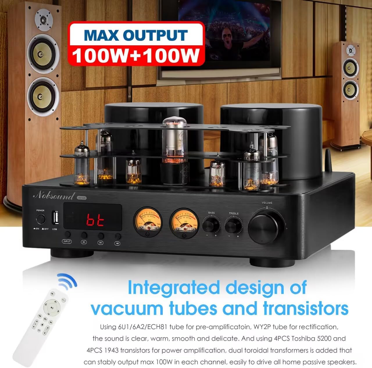HiFi Bluetooth 5.0 Tube Power Amplifier Coax/Opt Integrated Audio Amp USB Player