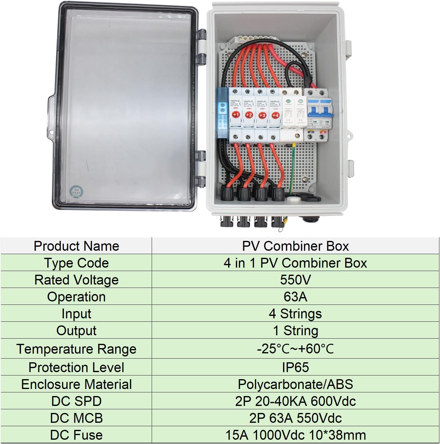 4 String PV Combiner Box, Solar Combiner Box with Lightning Arreste, 15A Rated Current Fuse and Circuit Breaker, Waterproof Combiner Box for On/Off Grid Solar System(Transparent, with Lock)