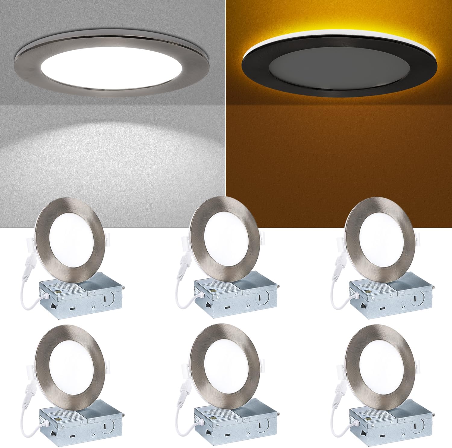 Recessed Ceiling Lighting 4 Inch - with Night Light, 750LM Dimmable Downlight, 9W 5CCT 2700K-6000K & 3W 1800K-3000K, Canless Wafer Downlight Ultra Thin, 4inch 6P Brushed Nickel