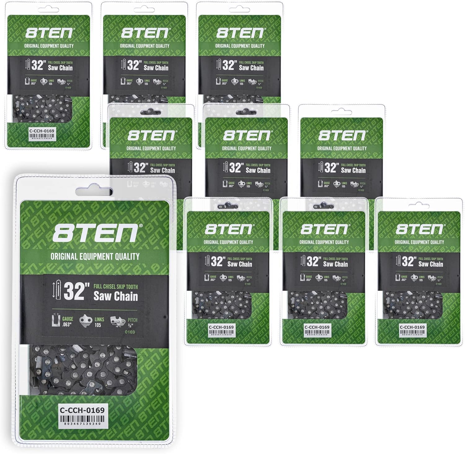 8TEN Full Chisel Skip Tooth Chainsaw Chain 32 Inch .063 3/8 105DL For Husqvarna 372XP Poulan 475 Jonsered 2165 (10 Pack)