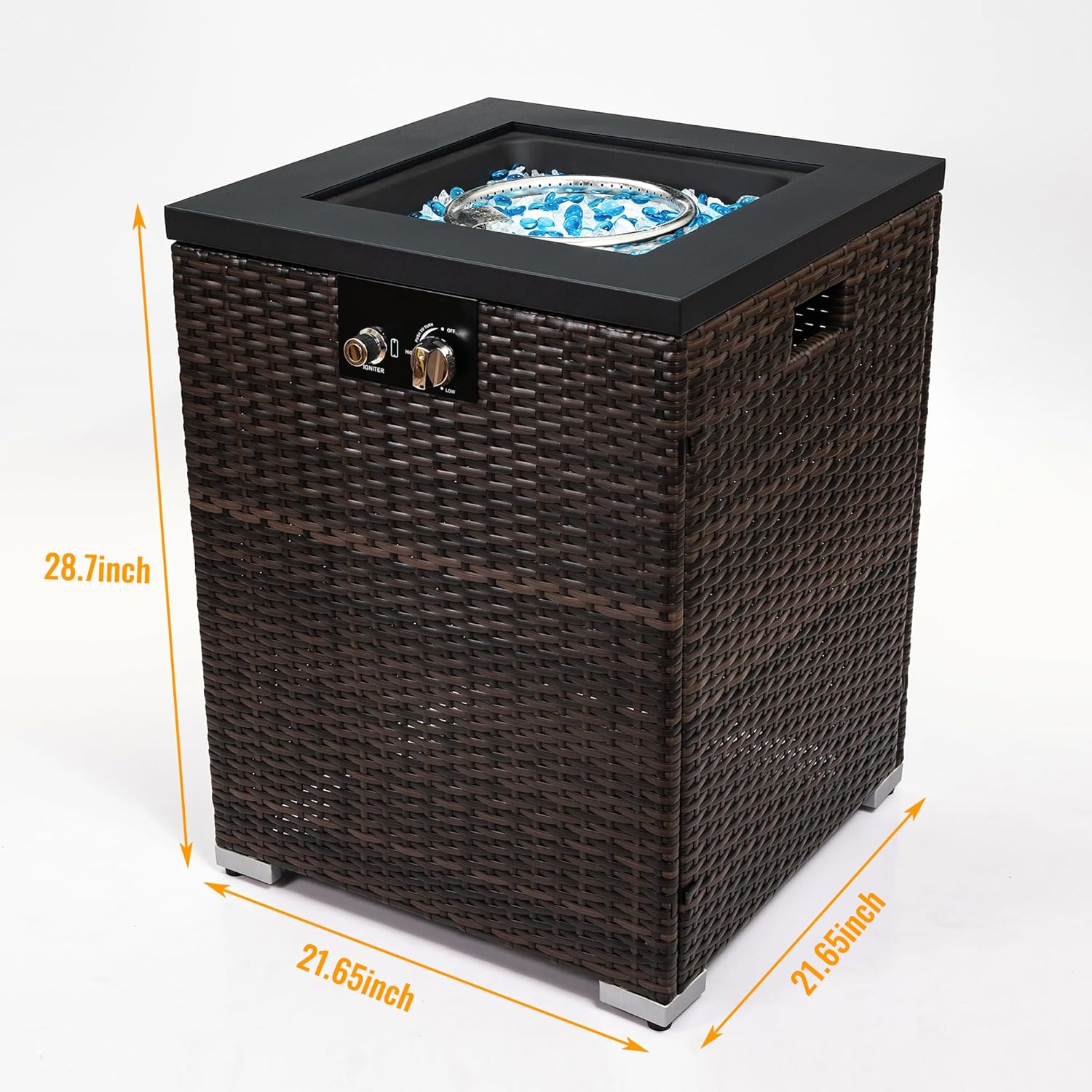 Outdoor 21.65 in. x 28.7 in. 40000 BTU Square Dark Brown Wicker Propane Gas Fire Pit Column with Glass Wind Guard & Black Table Top，for Outside Garden Patio Deck