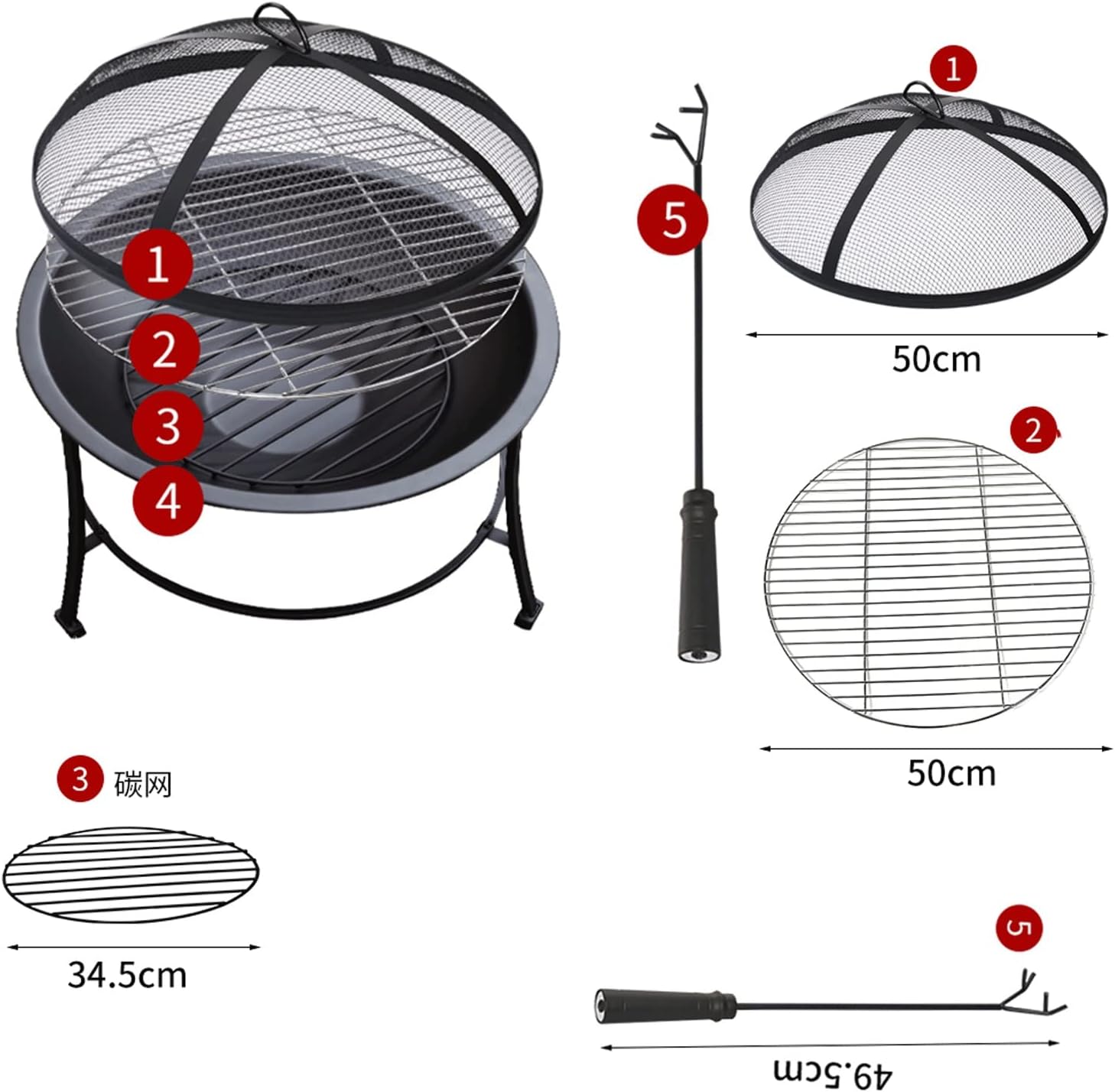 Indoor Fire Pit with Grill, Camping Stove, Large 56cm Garden Firepit, Outdoor Portable Brazier for Patio Heater Camping Bowl with Lid & Poker, Wood & Coal Burning