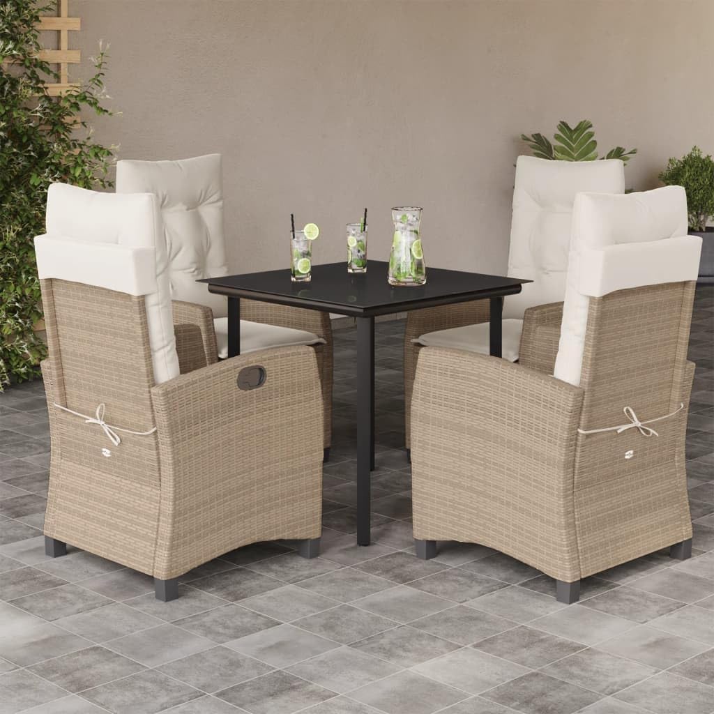 5 Piece Patio Dining Set with Cushions Beige Poly Rattan,Adjustable Garden Dining Set with Comfortable Rattan Chairs and Glass Tabletop for Outdoor Patio Backyard Furniture Sets for Patio, Lawn & Gard