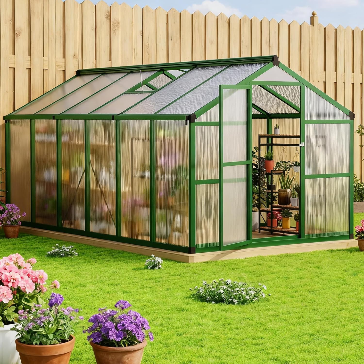 8x12 FT Aluminum Polycarbonate Greenhouse Kit with Roof Vent, Quick Setup/Easy Assembly Green House for Outdoors, Winter Garden, Backyard, Patio, Lawn & Gardening