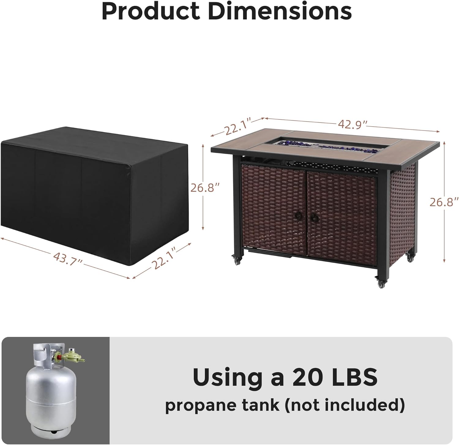 43 Inch Outdoor Fire Table with Ceramic Tile Tabletop Propane Fire Pit Table 60,000 BTU Gas FirePit CSA Certified Wicker Rattan Fire Table with Lid Glass Rock Wheels Waterproof Cover Gloves