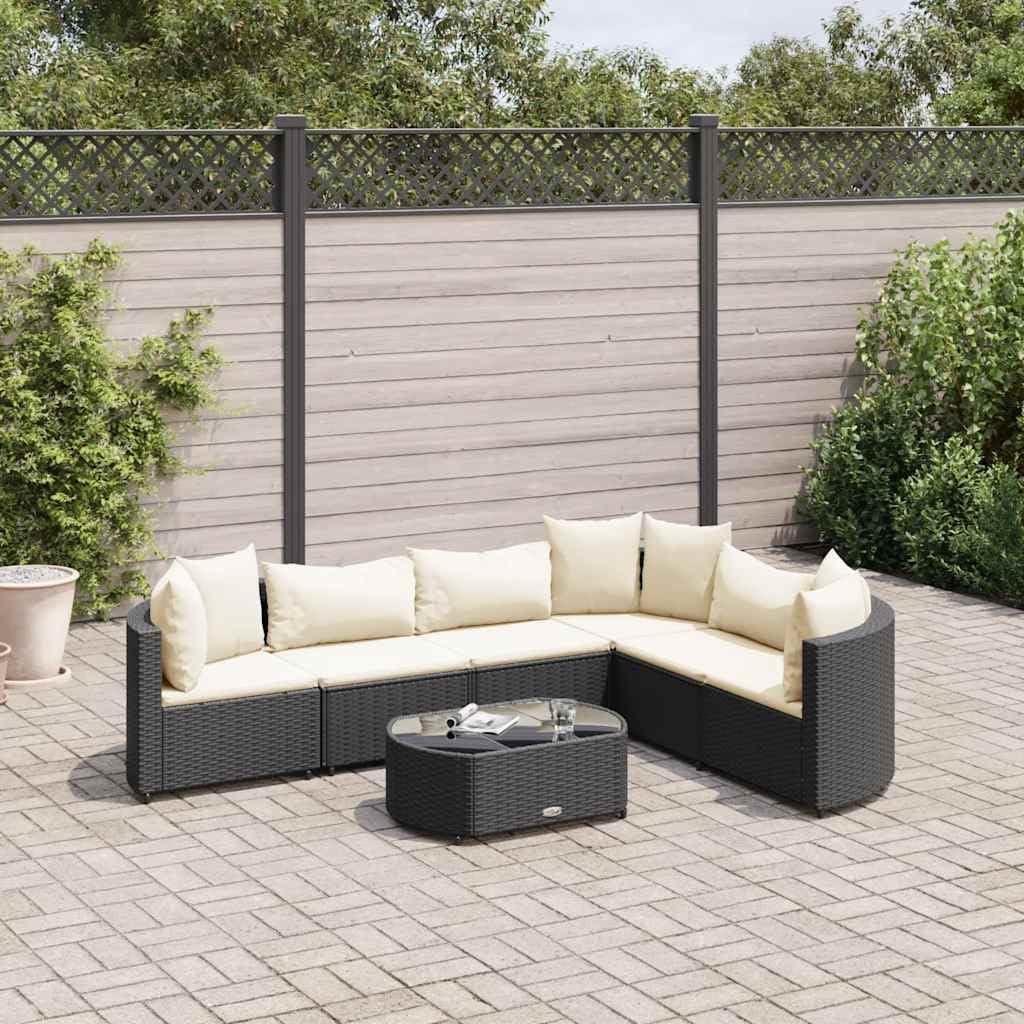 6-Piece Patio Sofa Set, Black Synthetic Poly Rattan, Cream White Cushions, Modular Outdoor Sectional Furniture, Weather-Resistant Garden & Terrace Seating