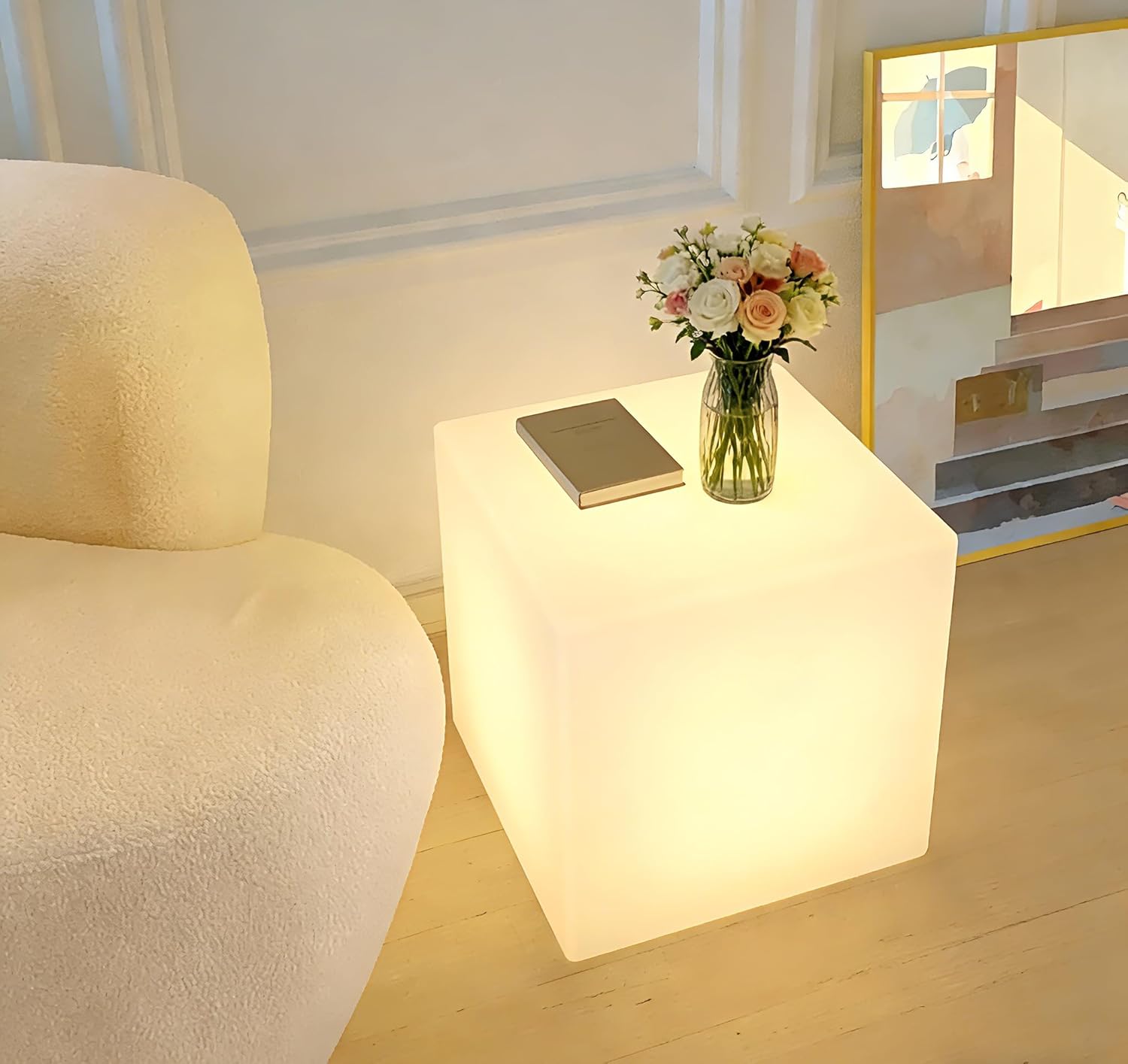 DouSeiAi 16 Inch Rechargeable LED Color Changing Cube Chair Light - Waterproof RGB LED Cube Seat, Stool & Side Table w/Remote for Party, Bedroom, Patio Decorative Lighting