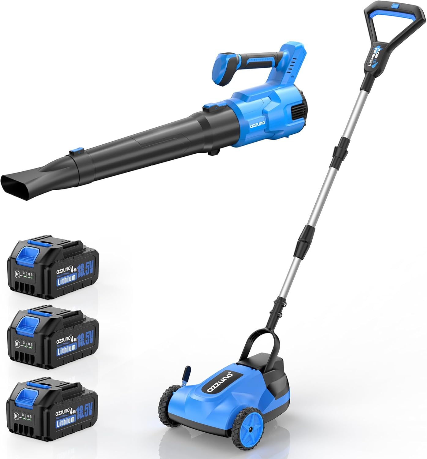 AZZUNO Electric Small Lawn Mower and Brushless Cordless Leaf Blower Combo Kit with 3 * 4.0Ah Battery & Charger for Garden Yard Patio