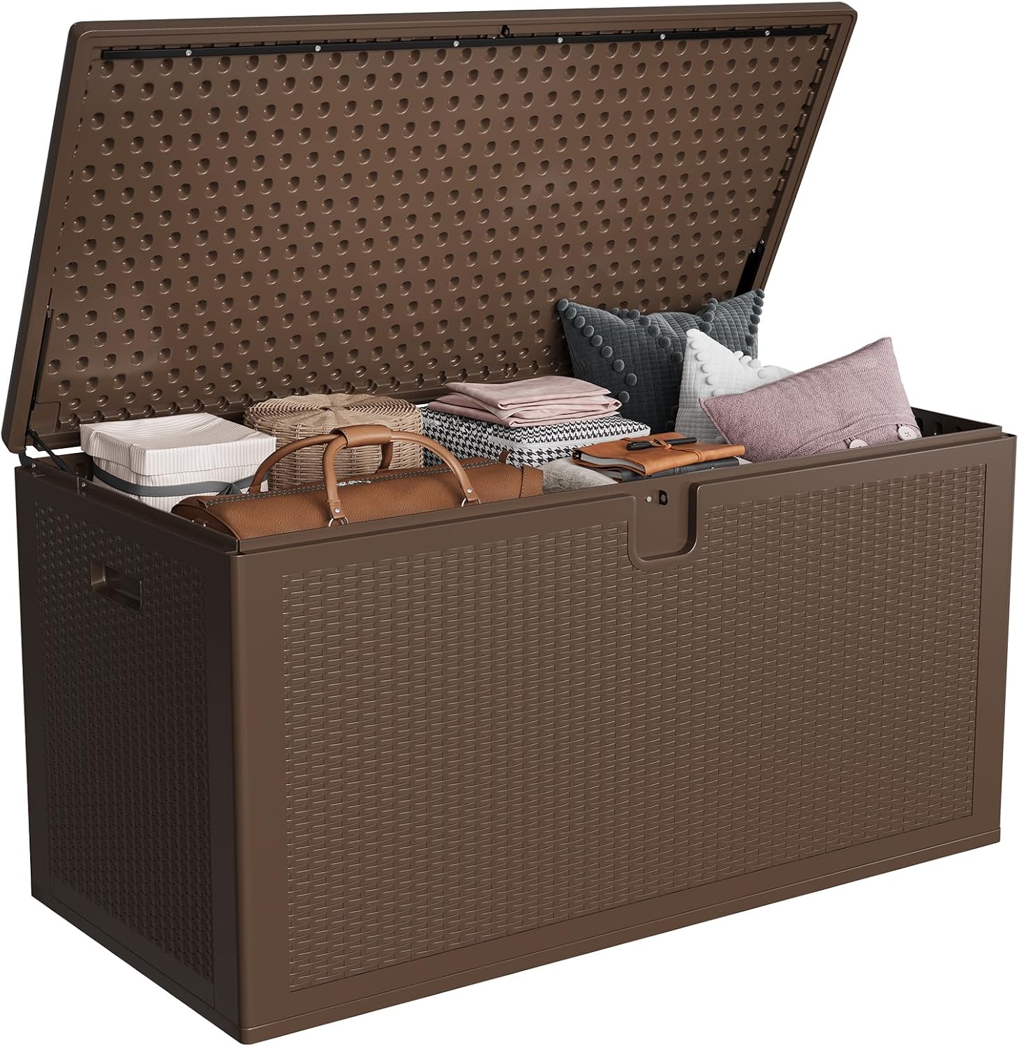 IDEALHOUSE 150 Gallon Resin Deck Box, Waterproof Outdoor Storage Box with Lockable Lid & UV Resistant, Patio Furniture Cushion Storage Container for Garden, Backyard, Poolside (Brown)