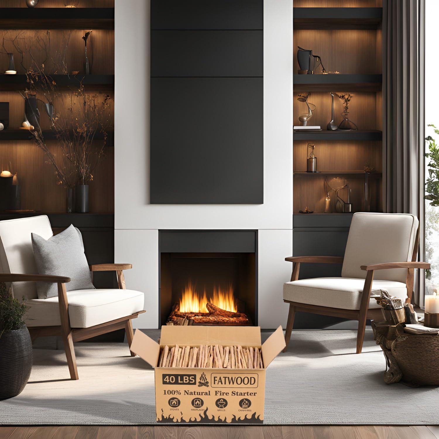 40 lbs Fatwood Fire Starter Sticks,100% Natural Pine Kindling Wood,Resin-Rich Firestarter for Campfire,Fireplace,Stove，Bonfire,Grill & Outdoor Use