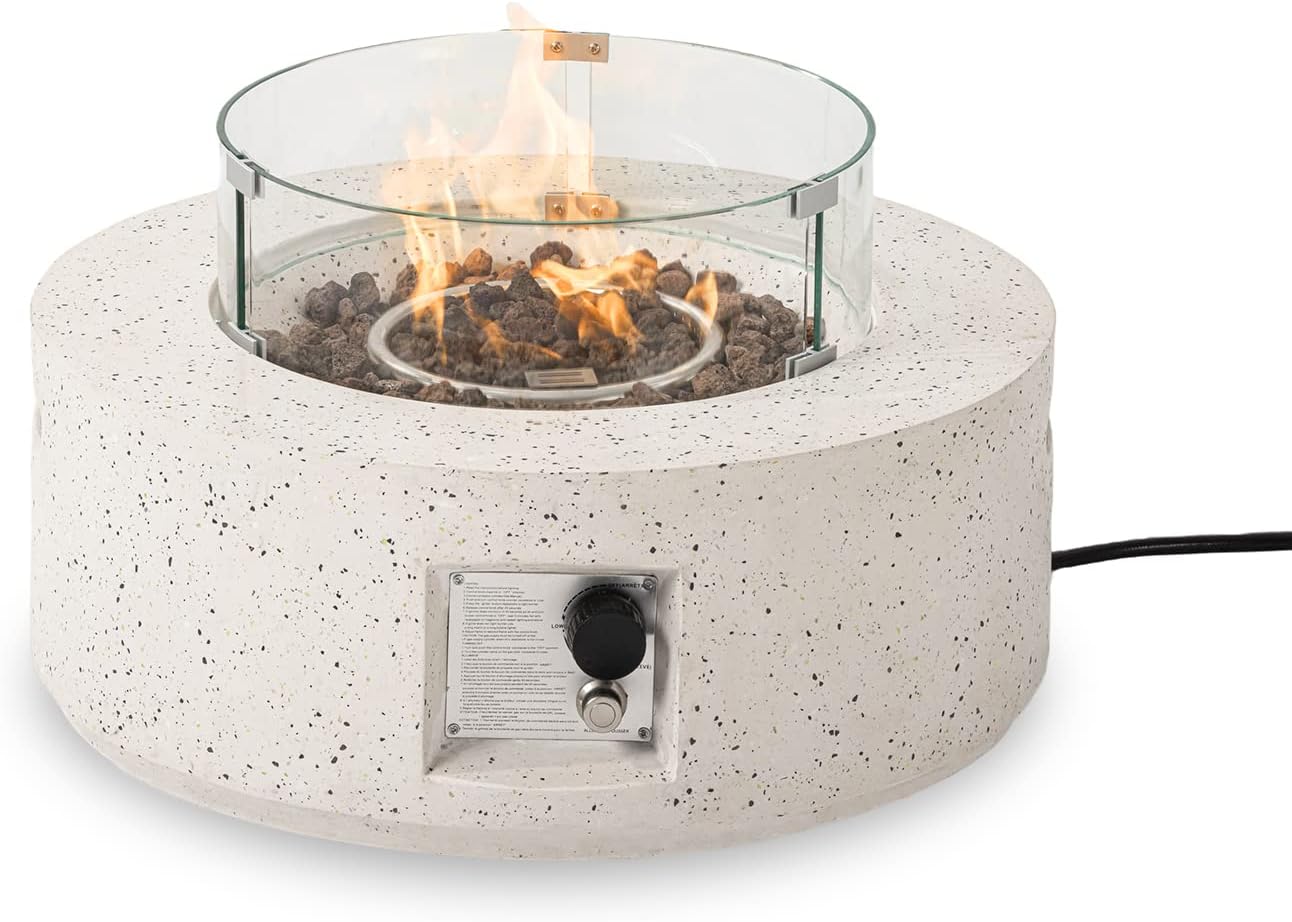 SUNBURY Outdoor 28 Inch Propane Fire Pit Table, Round Fire Table w Glass Wind Guard, 40,000 BTU Spotted White Patio Gas Fire Table Waterproof Cover, Lava Rocks