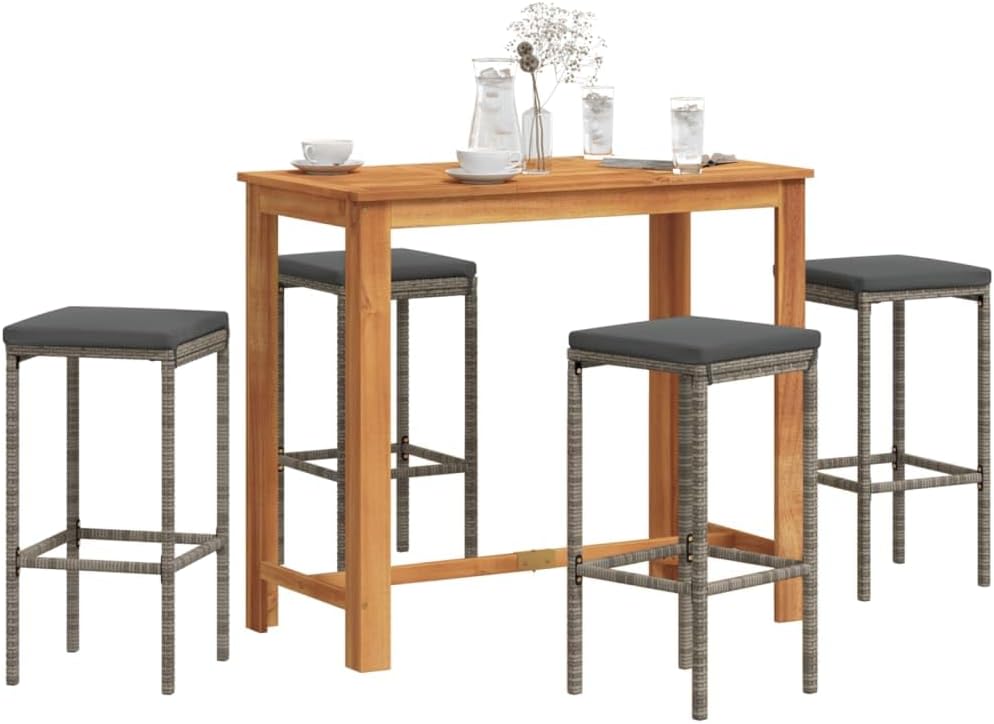 Patio Set 5 Piece Patio Bar Set Gray Solid Wood Acacia and Poly Rattan