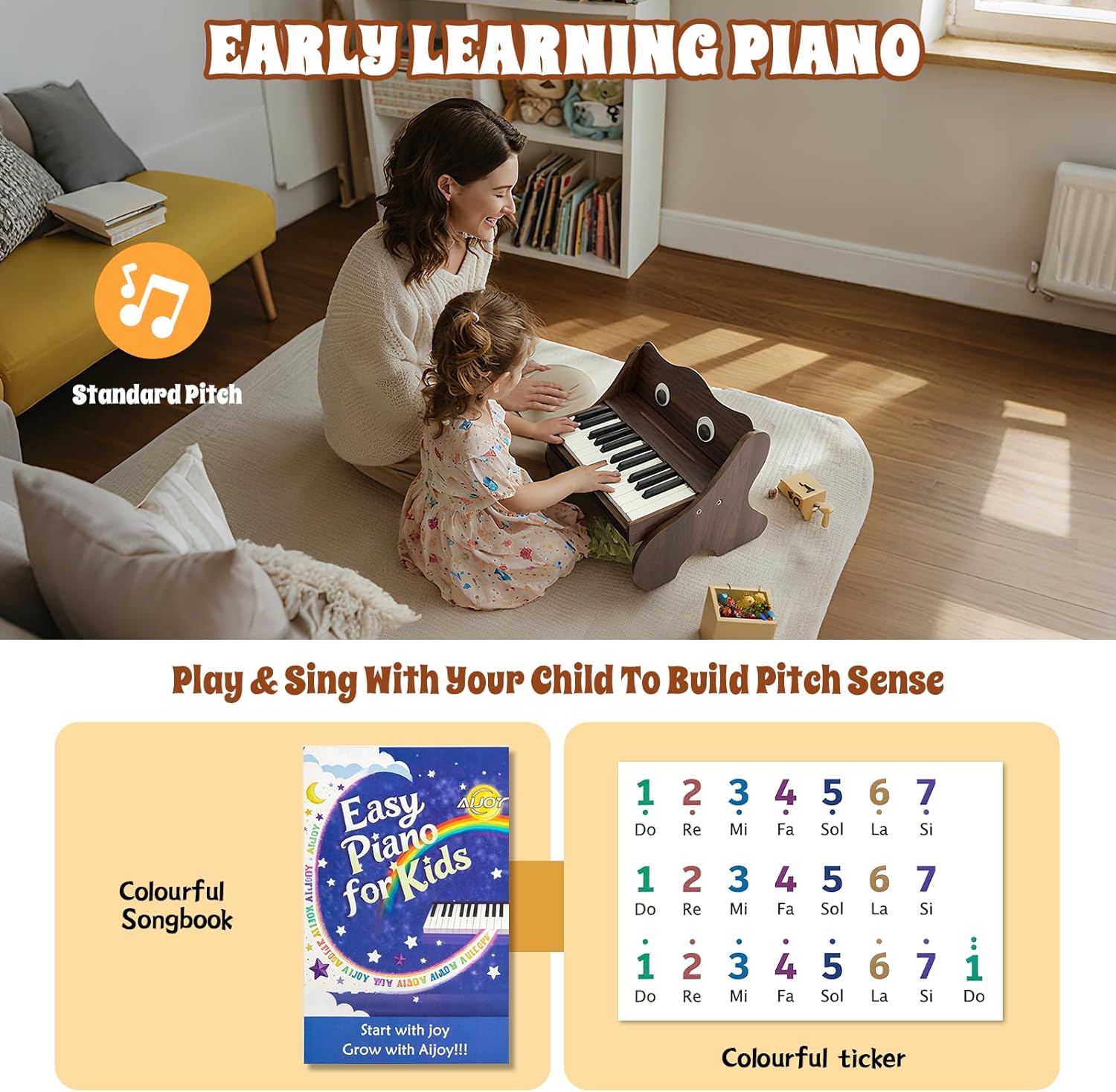 AiJoy Kids Piano Keyboard, 25 Keys Digital Piano for Toddler Kid, Mini Music Educational Instrument Toy, Wood Gift for Children Girls Boys, Volume Adjustable