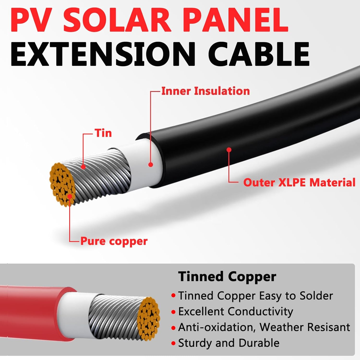 2x60 Feet Solar Panel Extension Cable, 10AWG Solar Cable, Solar Panel Cable with Female and Male Waterproof Connectors for RV, Photovoltaic Systems (60FT Red + 60FT Black)