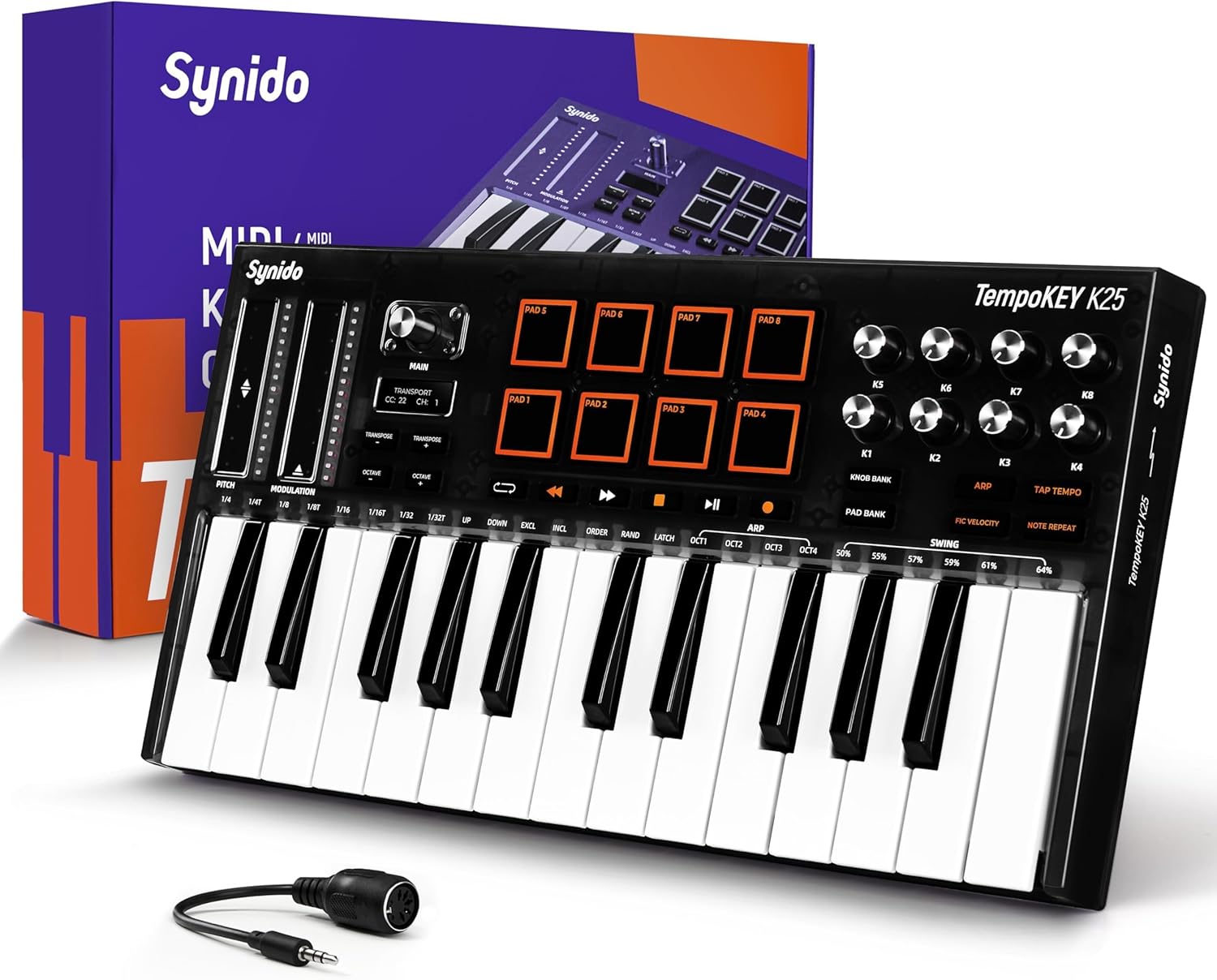 Synido USB C MIDI Keyboard Controller 25 Keys with 8 Backlit Drum Pads, OLED Screen, Compact Mini MIDI Controller for Music Production – Black, TempoKEY K25