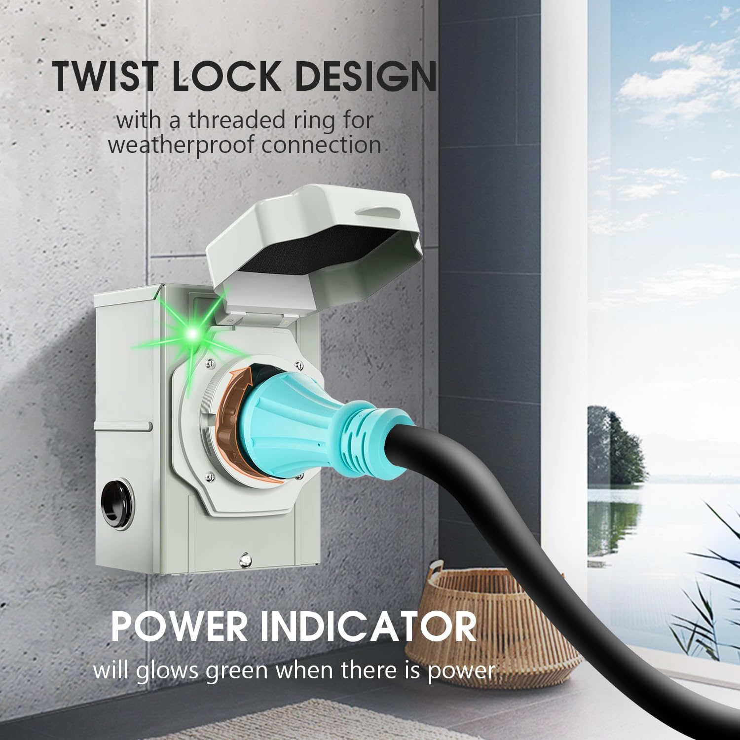 50 Amp Generator Cord 15FT and Power Inlet Box, 125V/250V Extension Power Cord, NEMA 14-50P/SS2-50R Twist Lock Connector, NEMA SS2-50P Pre-Drilled Inlet Box for Generator to House, ETL Listed