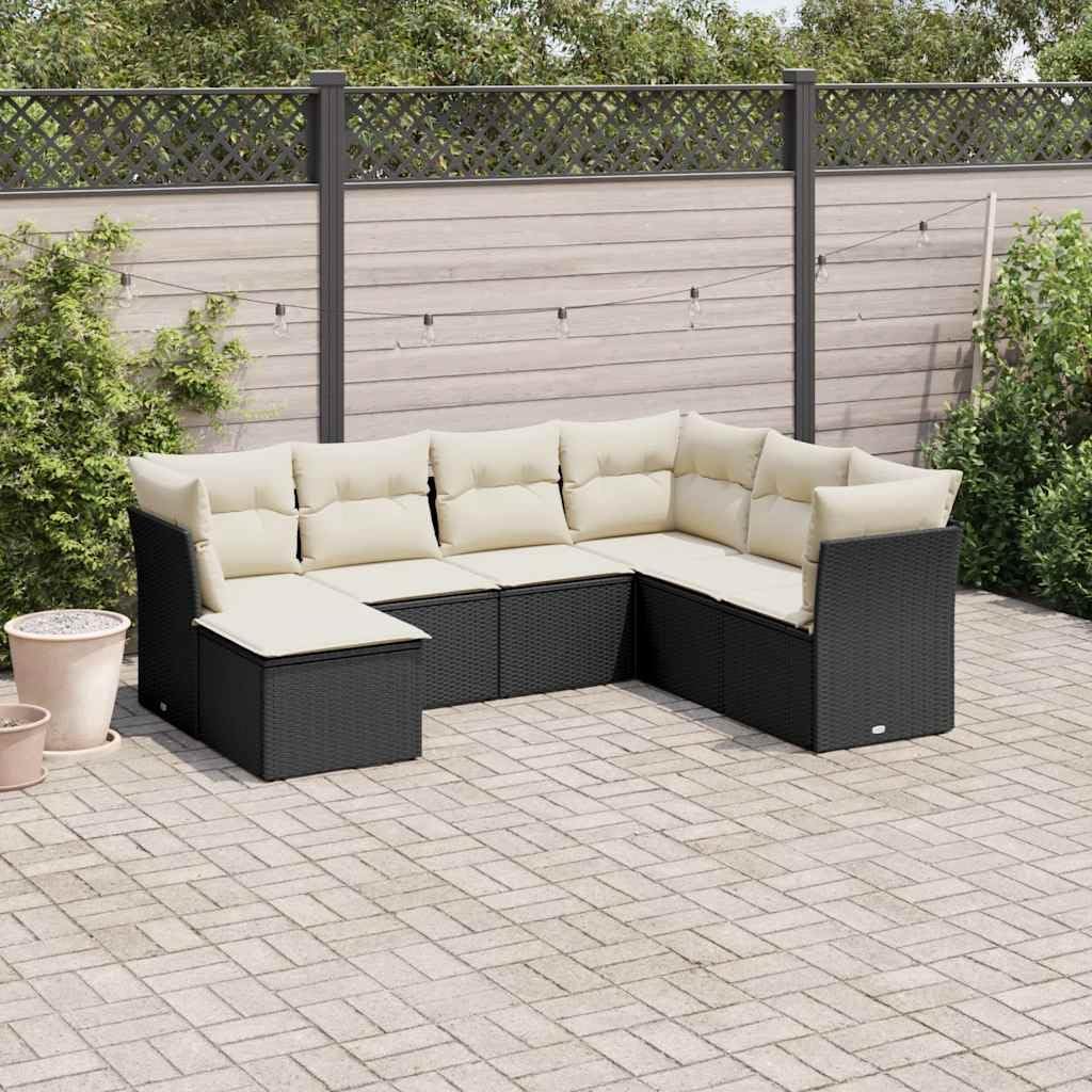 Garden Sofa Set Black PE Rattan 7-Piece, Modular Outdoor Patio Furniture with Removable Covers, Weather-Resistant Balcony Seating for 7 People
