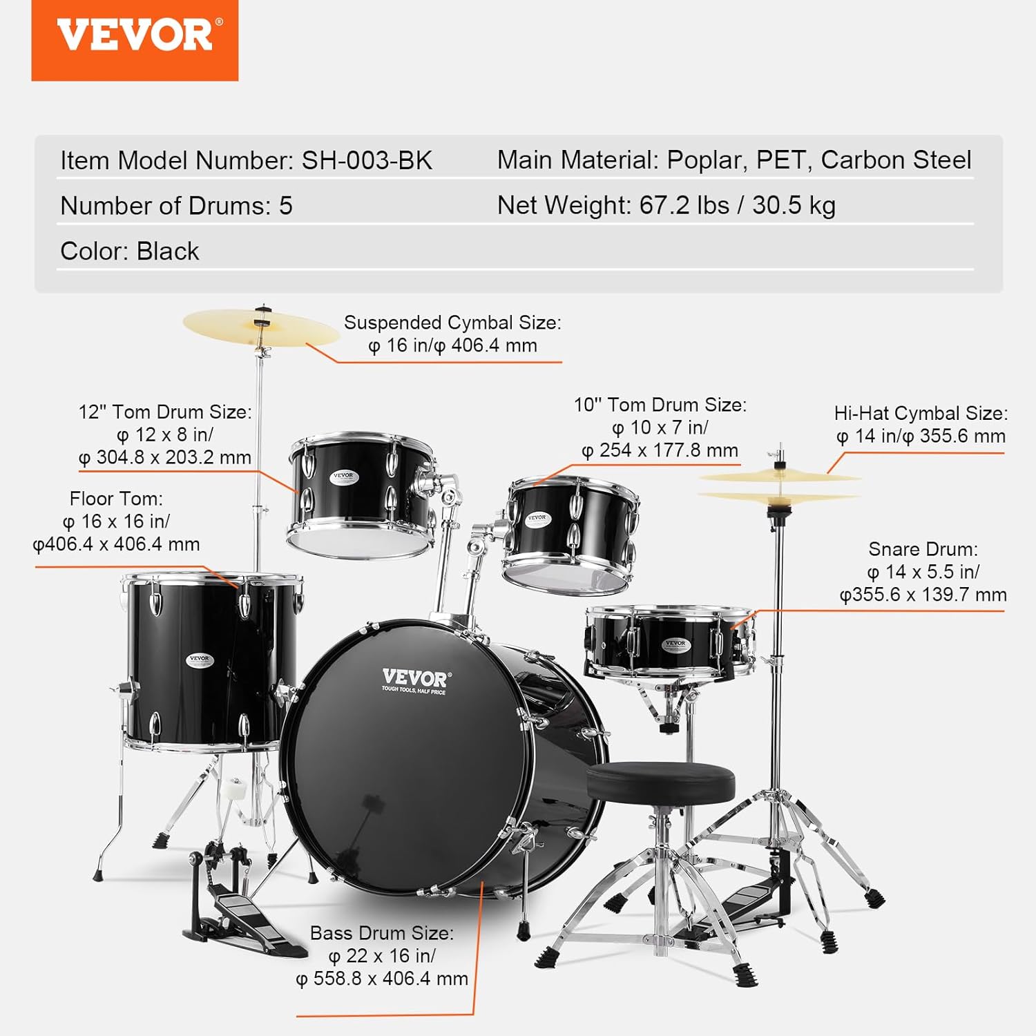 VEVOR Adult 5-Piece Drum Set, 22 Inches Complete Full Size Kit with Bass, Toms, Snare, Floor, Adjustable Throne, Stands, Cymbal, Hi-Hat Pedal and Drumsticks, Black