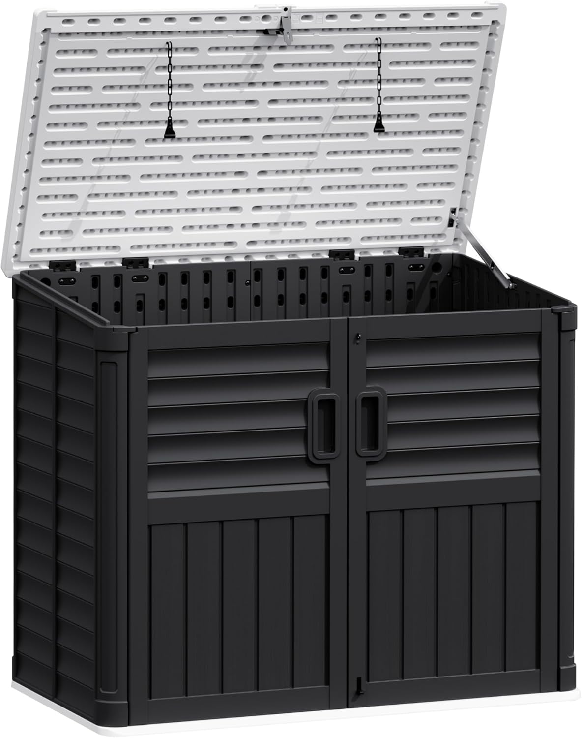 JUMMICO Resin Outdoor Storage Shed, 34 Cu Ft Horizontal Storage Cabinet with Shelves for Trash Cans, Garden Tools, Pool Supplies (Black)