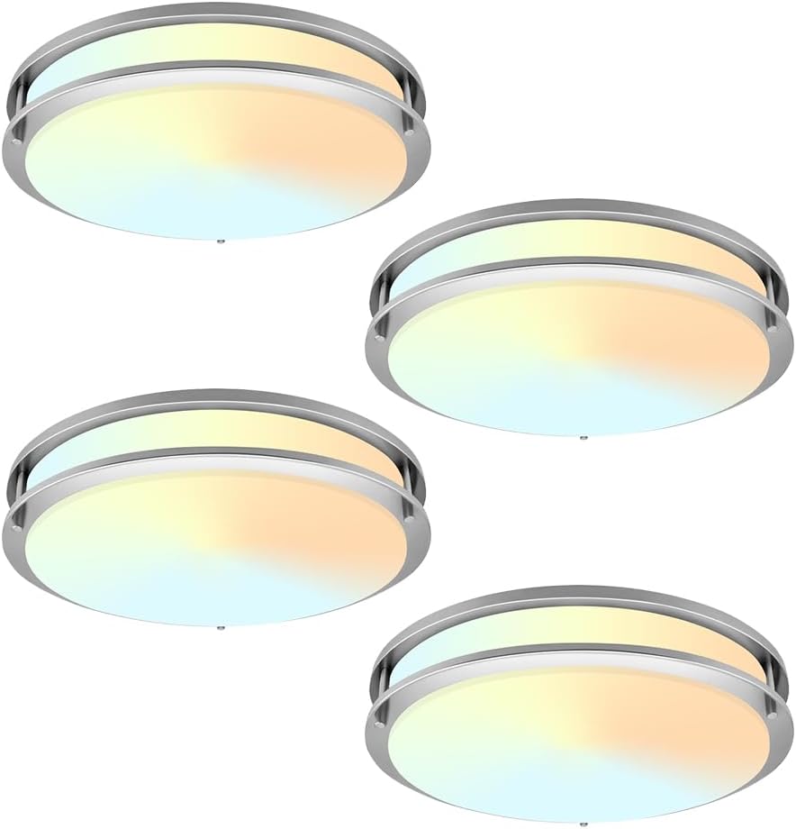 14 Inch Flush Mount Ceiling Light Fixture, 120Vac Triac Dimmable LED Ceiling Light, 20W CCT Adjsutable Brushed Nickel Low-Profile Lighting for Bathroom, Kitchen, Bedroom, Hallway, ETL, 4PK