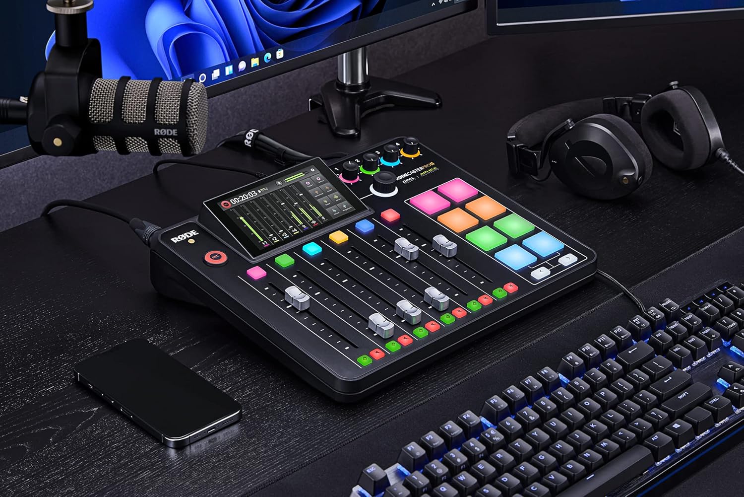 Rode RODECaster Pro II Integrated Audio Production Console with Rode PodMic, NTH-100 Studio Headphones, DS1 Microphone Stand, 32GB microSD Card, XLR Cable and StreamEye Cloth
