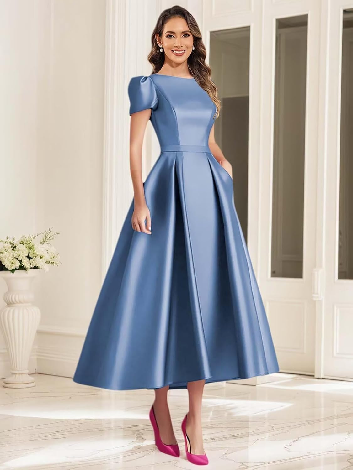 Mollyevers Formal Satin Mother of The Bride Dresses for Women Tea Length A Line Wedding Guest Dress with Sleeves