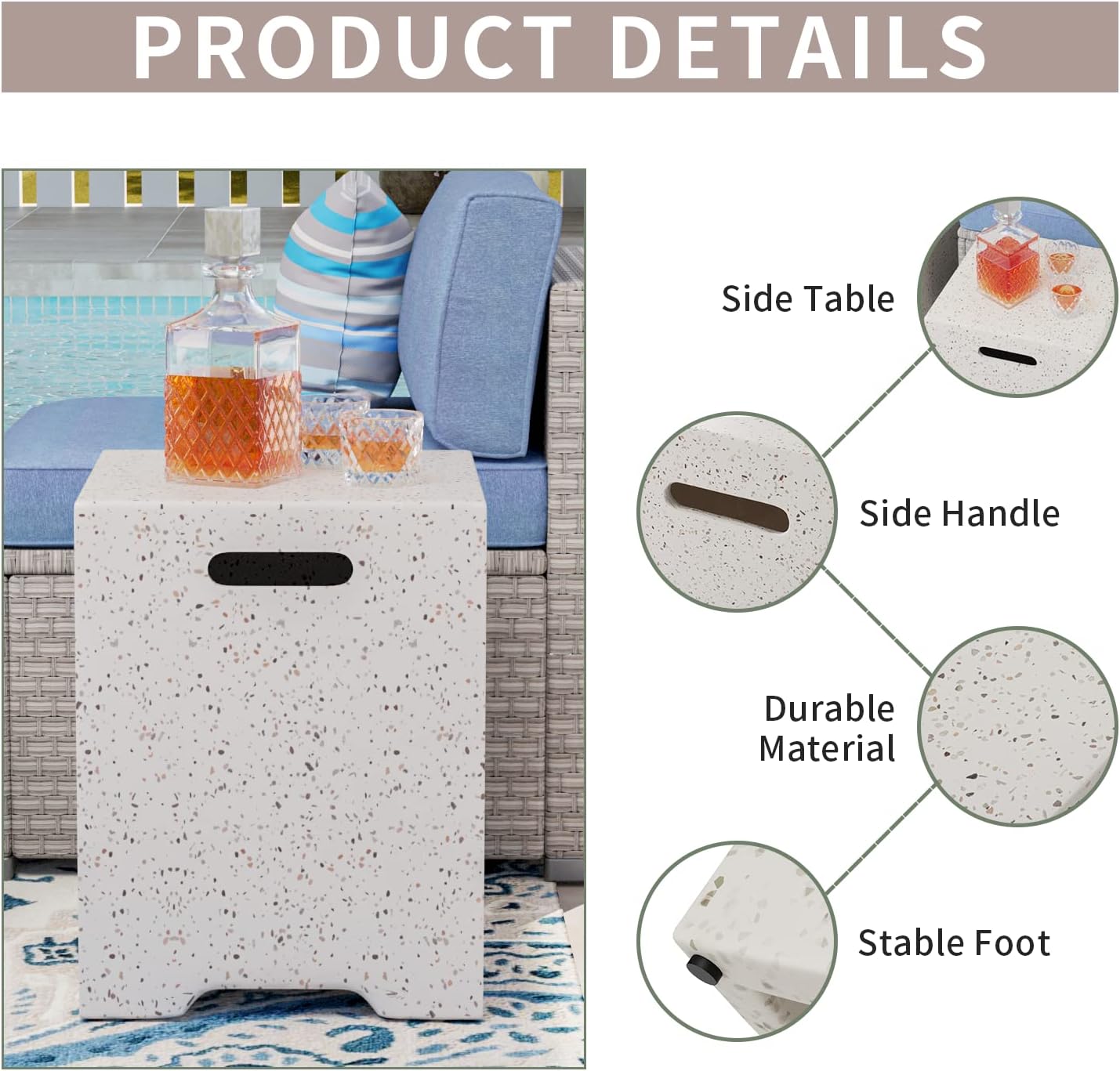 COSIEST Outdoor Terrazzo Hideaway Tank Table for Gas Fire Pits, Hides Standard 20lb 16-inch Propane Tank Cover w Side Handles