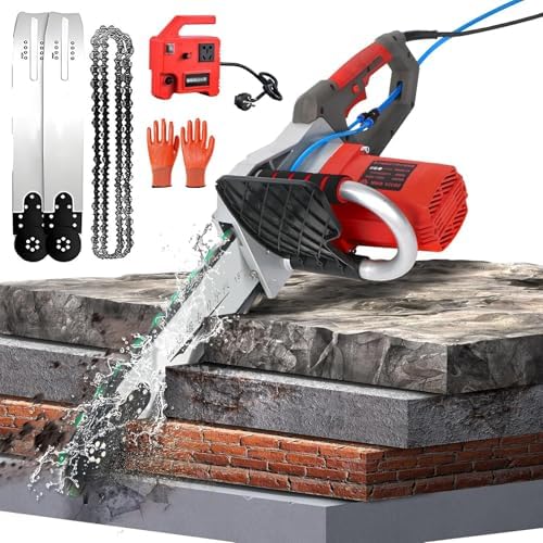 Powerful Electric Concrete Chainsaw with Water Pump, 2 Chains & 2 Guide Bars - Ideal for Cutting Granite, Brick, Stone - Maximum Depth 48cm for Professional Use