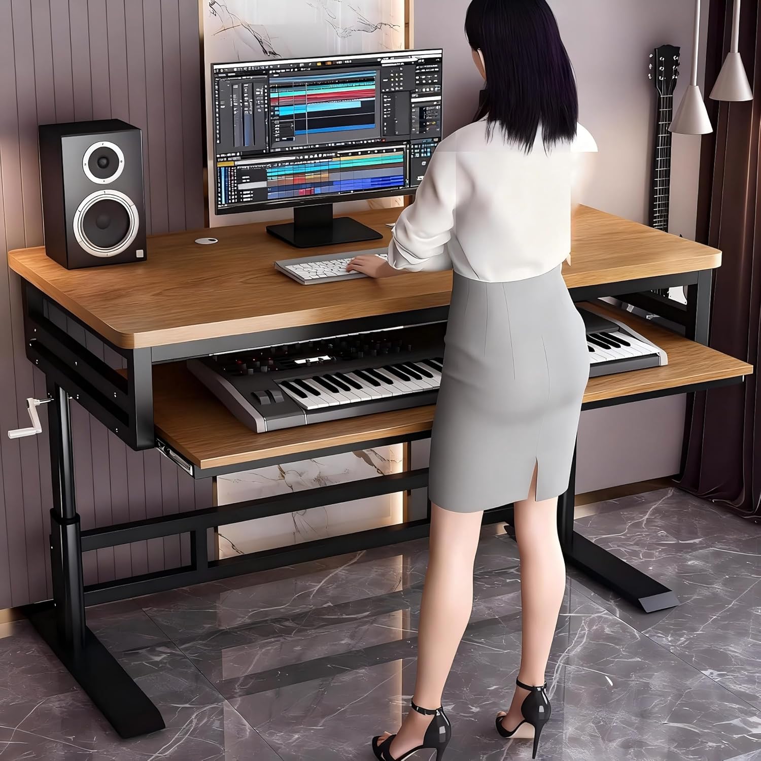 Studio Desk with Keyboard Tray | Hand-Crank Adjustable Standing Desk Workstation for Music Production, Cable Management, MIDI Keyboard Shelf (Black, 47in)