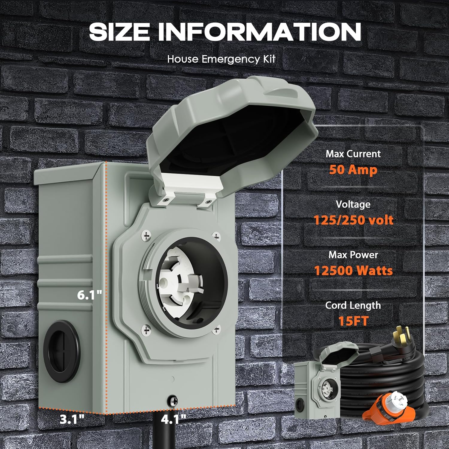 50 Amp Generator Cord and Pre-Drilled Power Inlet Box, 15FT Heavy Duty NEMA 14-50P to SS2-50R Extension Cord Twist Locking with Inlet Box, 125/250V, 12500W, ETL Listed for Outdoor Emergency Kit