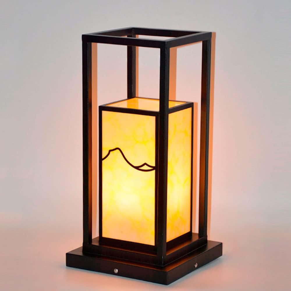 Chinese Style Outdoor Post Light Fixture with Imitation Marble Lampshade Galvanized Sheet Lawn Lamp 1-Light House Exterior Pillar Pole Lantern,Black