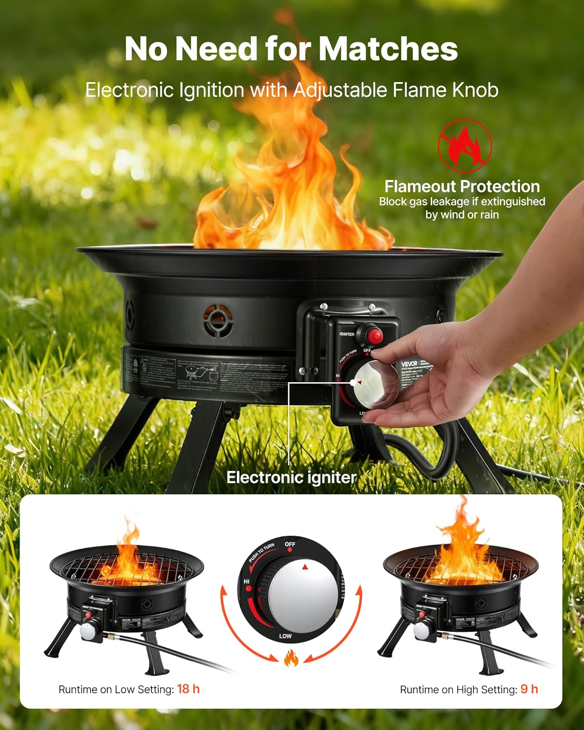 VEVOR Propane Fire Pit 19-Inch, 53,000 BTU Portable Gas Fire Pit, with Grill Grate & Lava Rocks, Adjustable Flame, Folding Legs,Smokeless Outdoor Firebowl for Camping, Patio, Backyard, Deck, RV, Black