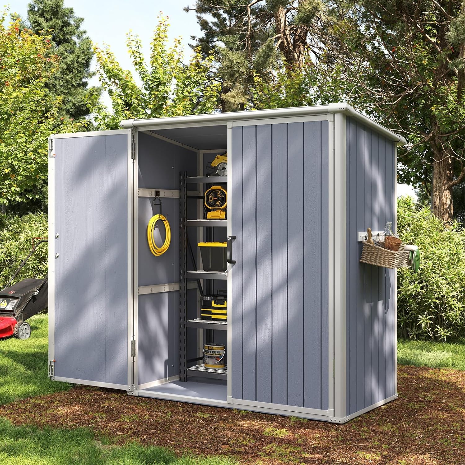 Aoxun 5 x 3 FT Outdoor Storage Shed, Resin Shed with Floor & Lockable Doors, Small Garden Shed Waterproof Plastic Tool Shed with Sloped Roof for Backyard, Garden, Patio, Lawn, Grey